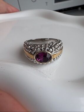 Silvertone Two-Tone Ring with Purple Gemstone